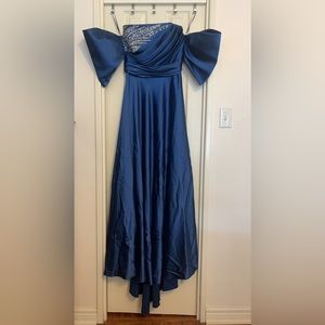 royal blue strapless dress with puff sleeves